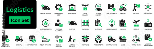 Silhouette vector of Logistics icon set. Solid icon of Delivery and Logistic symbol collection. Shipping, delivery, distribution, cargo, freight, transportation.