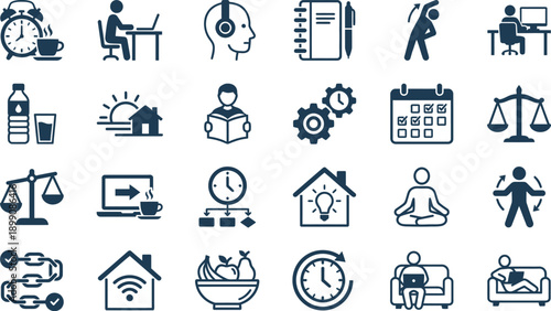 Collection of business and technology icons representing various concepts and services in a simple, line-art style
