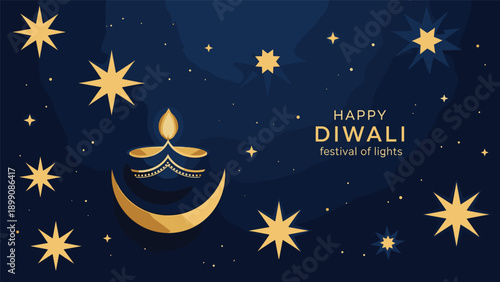 Elegant Diwali celebration background with glowing diya, crescent moon, golden stars, festive lights, dark night sky, spiritual festival decoration