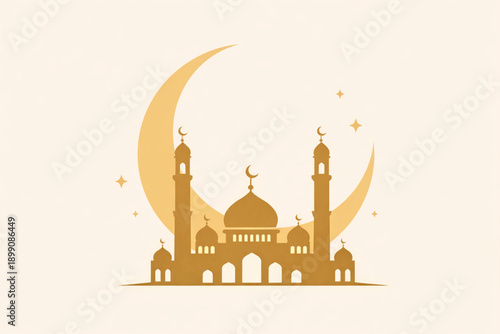 Elegant golden silhouette of a mosque with twin minarets and a prominent crescent moon and stars, embodying Islamic spirituality, cultural heritage, and festive celebrations