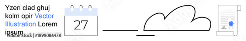 Data organization, cloud storage, electronic signature, file upload, task management, deadlines. A calendar, cloud icon and signed document. Cloud storage and data organization concept