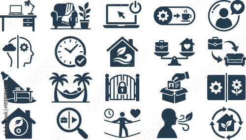 Collection of various icons representing lifestyle and technology in a grid layout displayed on a clean white background