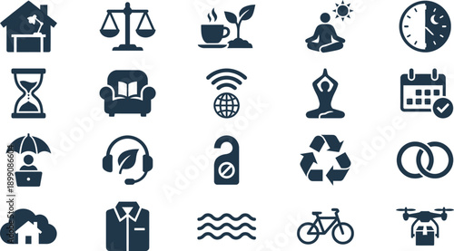 Collection of modern icons representing lifestyle and technology concepts in a simple, monochromatic style