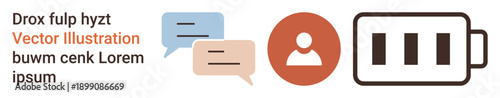Communication, energy, user engagement, technology, digital tools, conversation. Features speech bubbles, a user icon and a battery charging symbol. Communication and energy concept