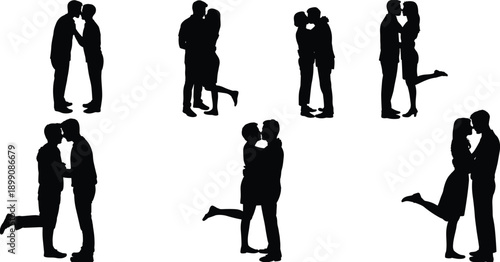 Romantic couple kissing silhouettes set, lovers hugging in various poses, black vector illustration isolated on white background, love relationship concept