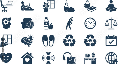 Collection of icons representing daily life and activities from a modern perspective view