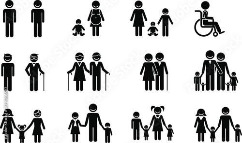 Diverse family icons set, inclusive people symbols, community and relationship concept, generations illustration, wheelchair, parent and child figures, black silhouette design