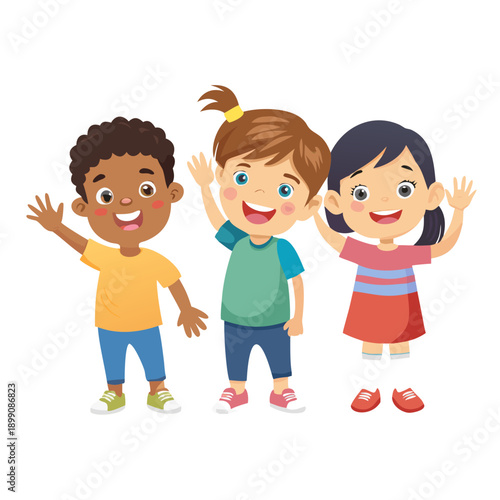 Group of multicultural happy children smile and wave their hands. Funny cartoon character. Vector illustration. Isolated on white background.
