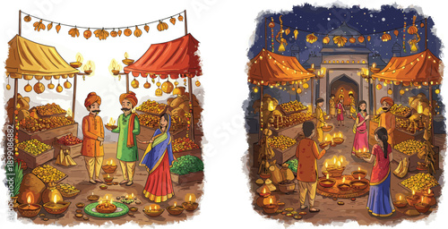 Diwali festival market scene, Indian people shopping, traditional attire, diya lamps, marigold decorations, night celebration, rangoli art, festive atmosphere, culture