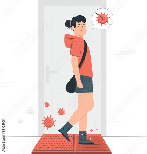 A young woman stepping onto a red disinfectant mat outside a doorway, avoiding germs and viruses in a public place