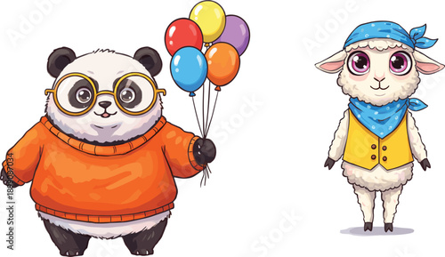 Cute panda and sheep in colorful clothes, holding balloons, cartoon animals, children illustration, playful characters, whimsical design, vibrant colors