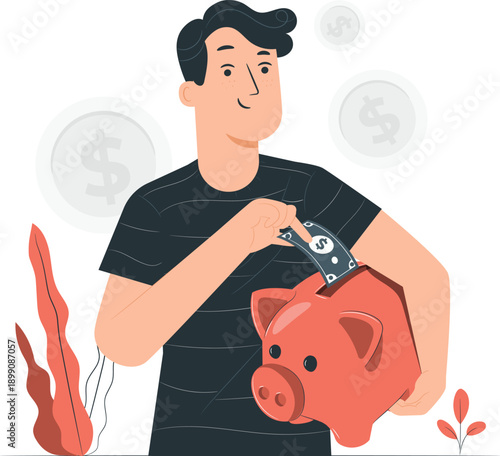 A young man saving money by putting a coin into a piggy bank