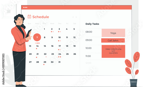 Woman standing next to digital calendar with daily tasks listed on a clean white background from a slightly angled viewpoint