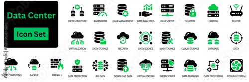 Silhouette vector of Data Center icon set. Solid icon of server, hosting, infrastructure, backup, cloud storage, server rack, virtualization, data processing and bandwidth.