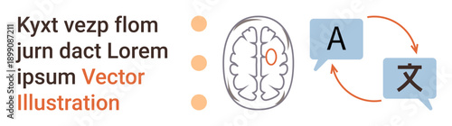 Language learning, translation tools, AI communication, neuro-linguistics, cognitive processes, global understanding. Brain outline with speech icons and arrows. Language learning and translation