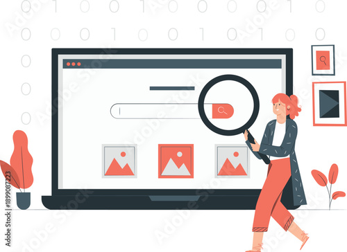 Woman examining digital images on a large computer screen with a magnifying glass