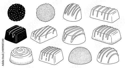 A detailed line art illustration featuring a variety of gourmet chocolate candies and truffles with different shapes and textures.