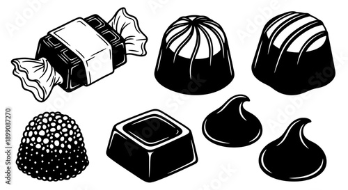 A collection of various chocolates and candies, including wrapped bars, bonbons, a raspberry candy, and chocolate drops, in a detailed black and white illustration style.