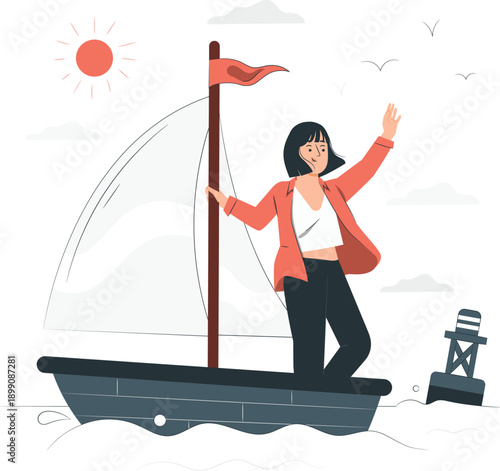Woman standing on a sailboat, sailing on a serene lake on a sunny day with a joyful gesture.