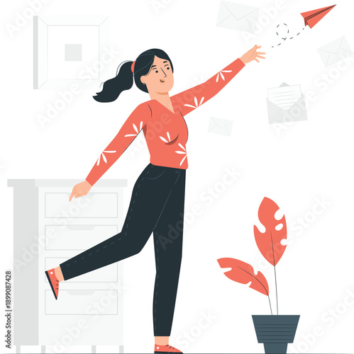 Woman launching a paper rocket in a modern office environment with plants nearby, full-body illustration