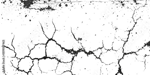 Grunge black ink splat and paint splatter design featuring a dirty textured brush stroke pattern on a white wall background illustration with an artistic cracked paper border