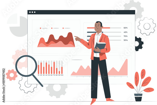 A business professional analyzing data trends on a large computer screen displaying various graphs and charts