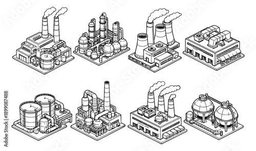 Hand drawn isometric line art industrial facility set featuring factories, power plants, refineries, and storage tanks for industrial production and manufacturing concepts