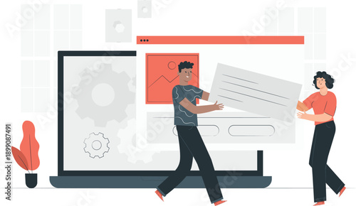 People collaborating on a large digital document on a laptop screen in a modern workspace