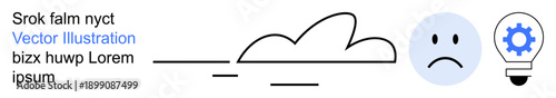 Innovation, mood analysis, problem-solving, creativity, emotions, technology. A cloud and sad face next to a lightbulb with a gear. Mood analysis and innovation concept