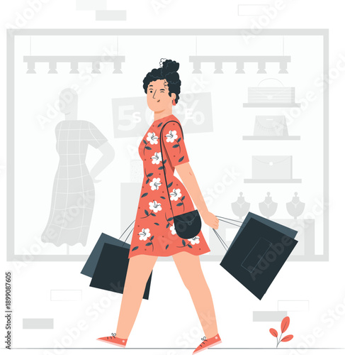 Woman walking into a clothing store carrying shopping bags, viewed from the side in a modern retail environment