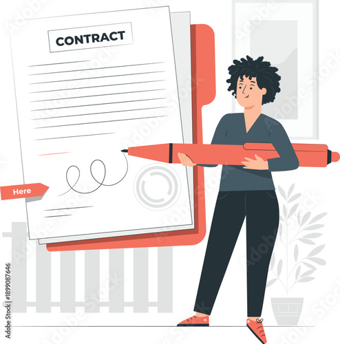 A person holding a large pencil and signing a giant contract document