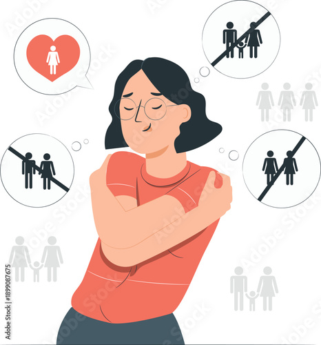 A woman embracing herself surrounded by thought bubbles containing silhouettes with a heart symbol