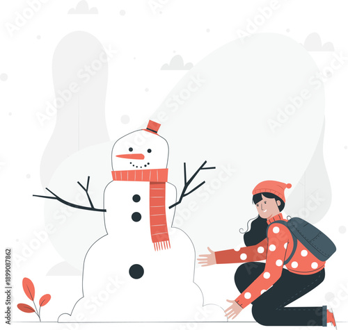 Person building a snowman in a winter landscape, crouching beside the snow figure with outstretched hands, wearing winter attire