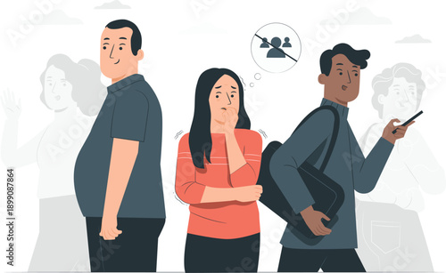 Diverse group of people standing together, lost in thought, contemplating life and relationships in a social setting from a straightforward viewpoint.