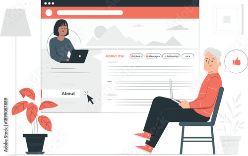 An older man sits on a chair, engaging with a social media interface on a virtual screen displayed before him.