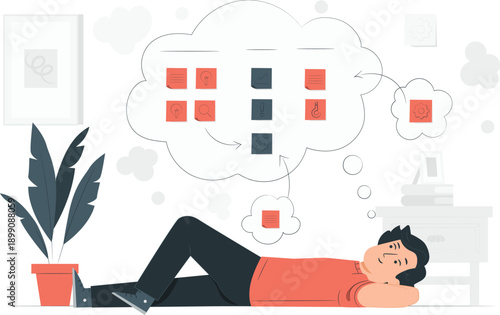 Man lying on floor with thought bubbles and potted plant nearby