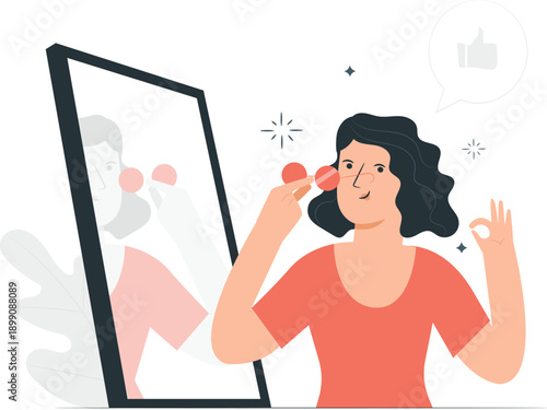 A young woman examining her reflection in a mirror with care and precision