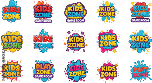 Colorful kids zone logo collection, playful typography design, children game room badge set, fun cartoon style vector illustration