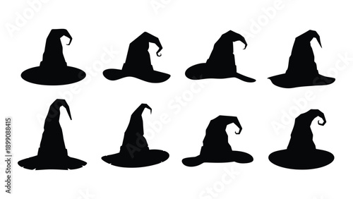 Eight distinct witch hats displayed in a grid pattern against a white background Vector