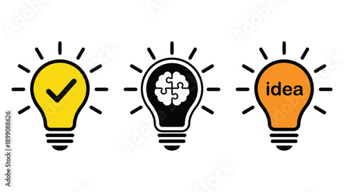 Light Bulbs with Creative Symbols in Simple Flat Design with Bright Warm Lighting for Business