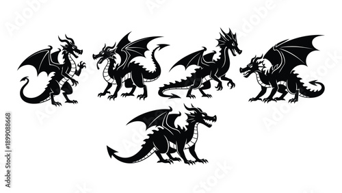 A diverse collection of mythical dragons in various poses and designs Vector