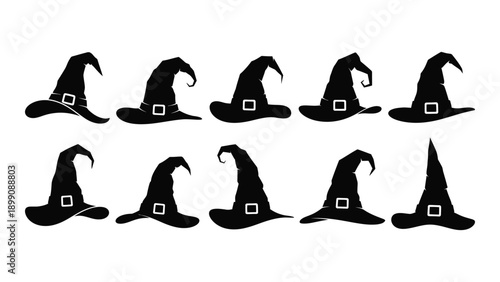 Collection of various witch hats in black and white illustration style Vector