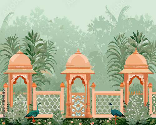 A serene illustration of indian architecture with peacocks in a garden
