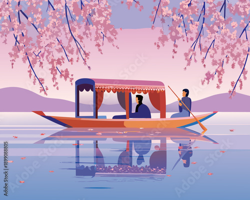 A serene illustration of a boat gliding on water under blossoming trees