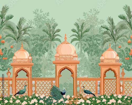 A serene illustration of a palace with peacocks in a lush garden