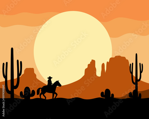 Silhouette of a cowboy riding a horse against a desert sunset backdrop