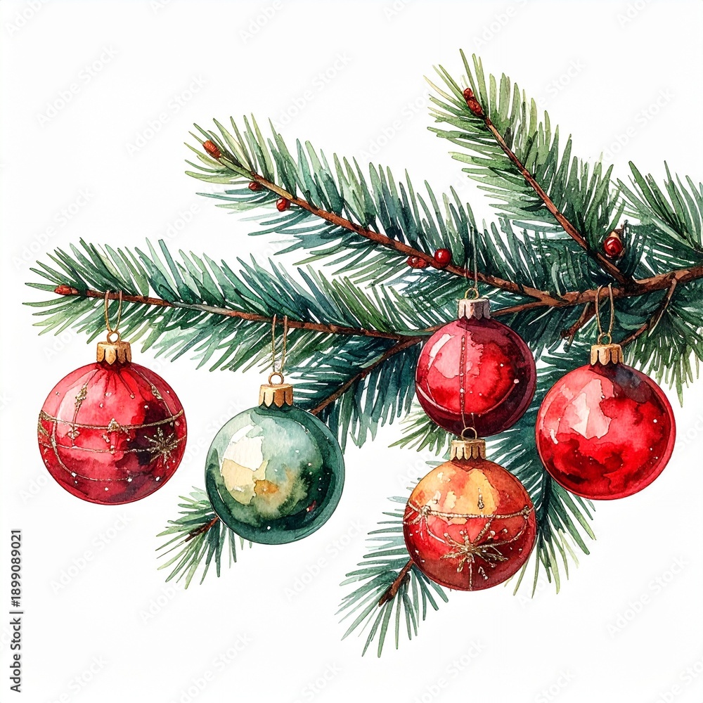 Fototapeta premium Watercolor Christmas Tree Branch with Red and Green Ornaments on White Background.