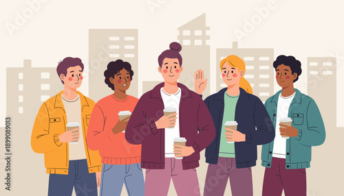 Group of friends enjoying coffee in urban setting with buildings  