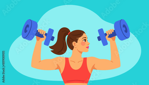 Young woman lifting dumbbells while exercising in bright atmosphere  