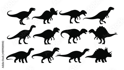 A diverse collection of ten different dinosaur silhouettes in black Vector